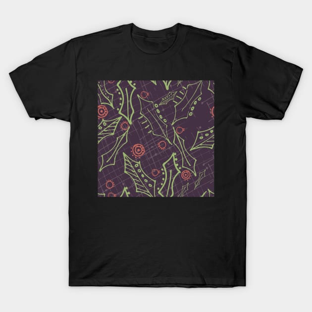 Holly leaves and berries. deep gray purple T-Shirt by MegMarchiando